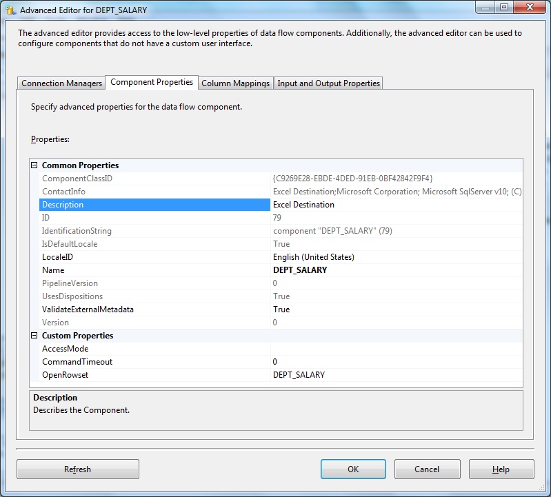 Excel Destination Advanced Editor- Component Properties