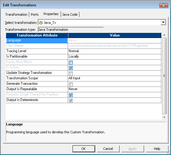 Java Transform Properties Tab