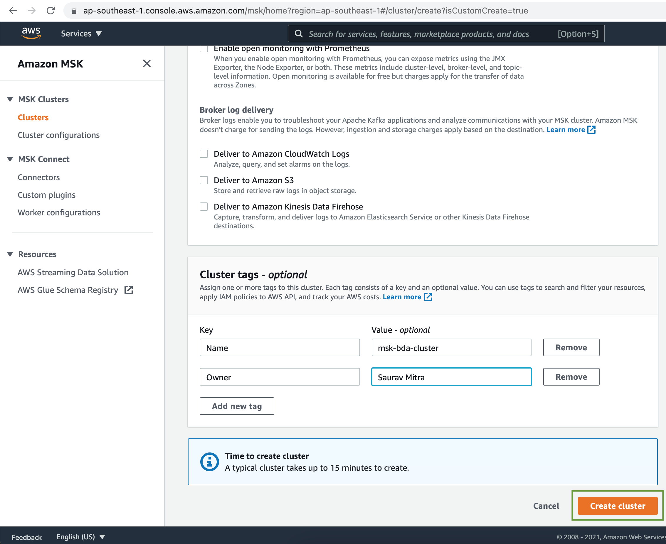 Create MSK Cluster