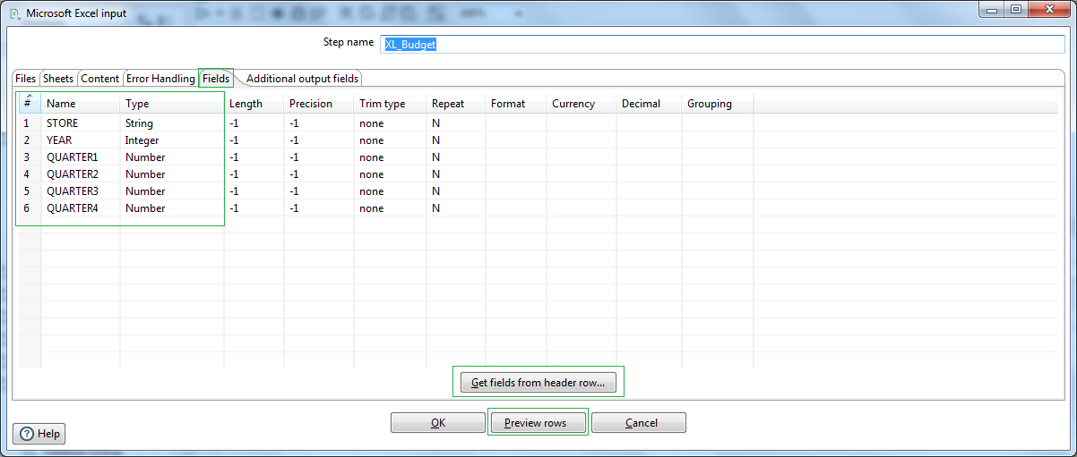 Microsoft Excel input Fields