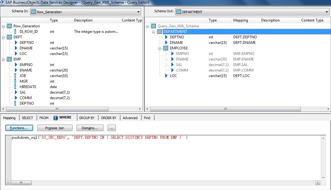 Query Transform- DEPARTMENT Schema WHERE clause