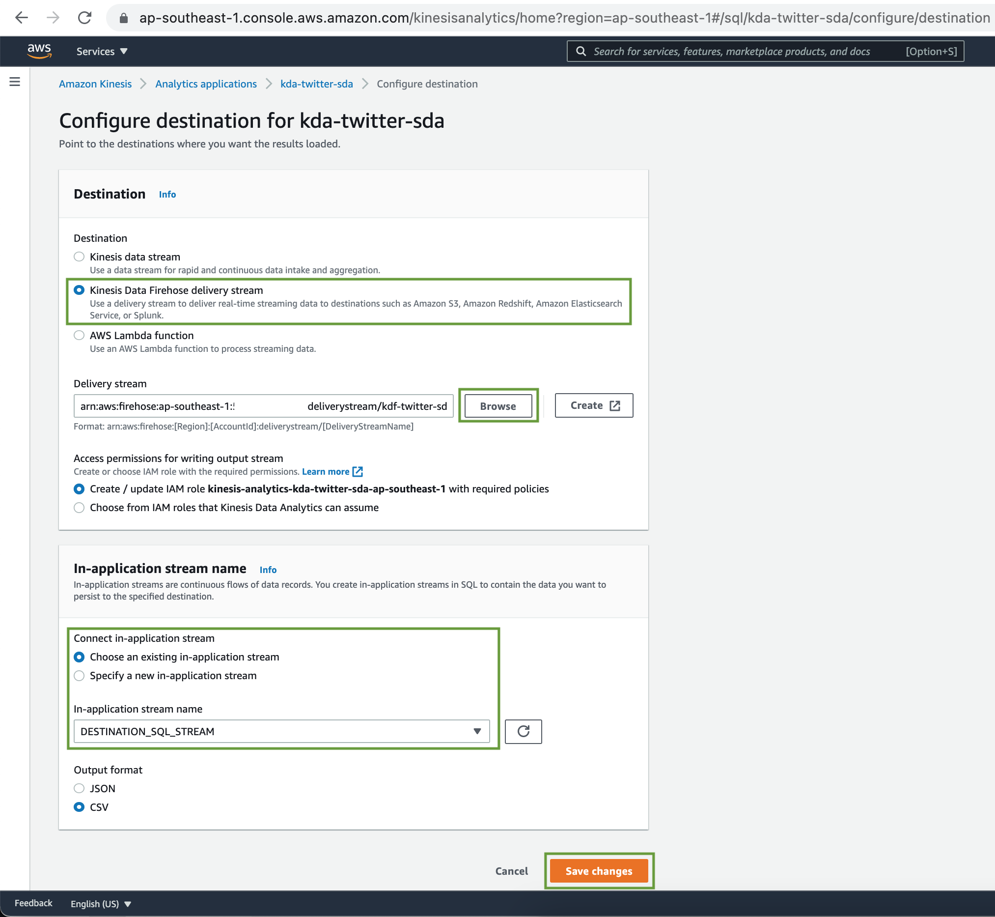 Kinesis Data Analytics Destination Configuration