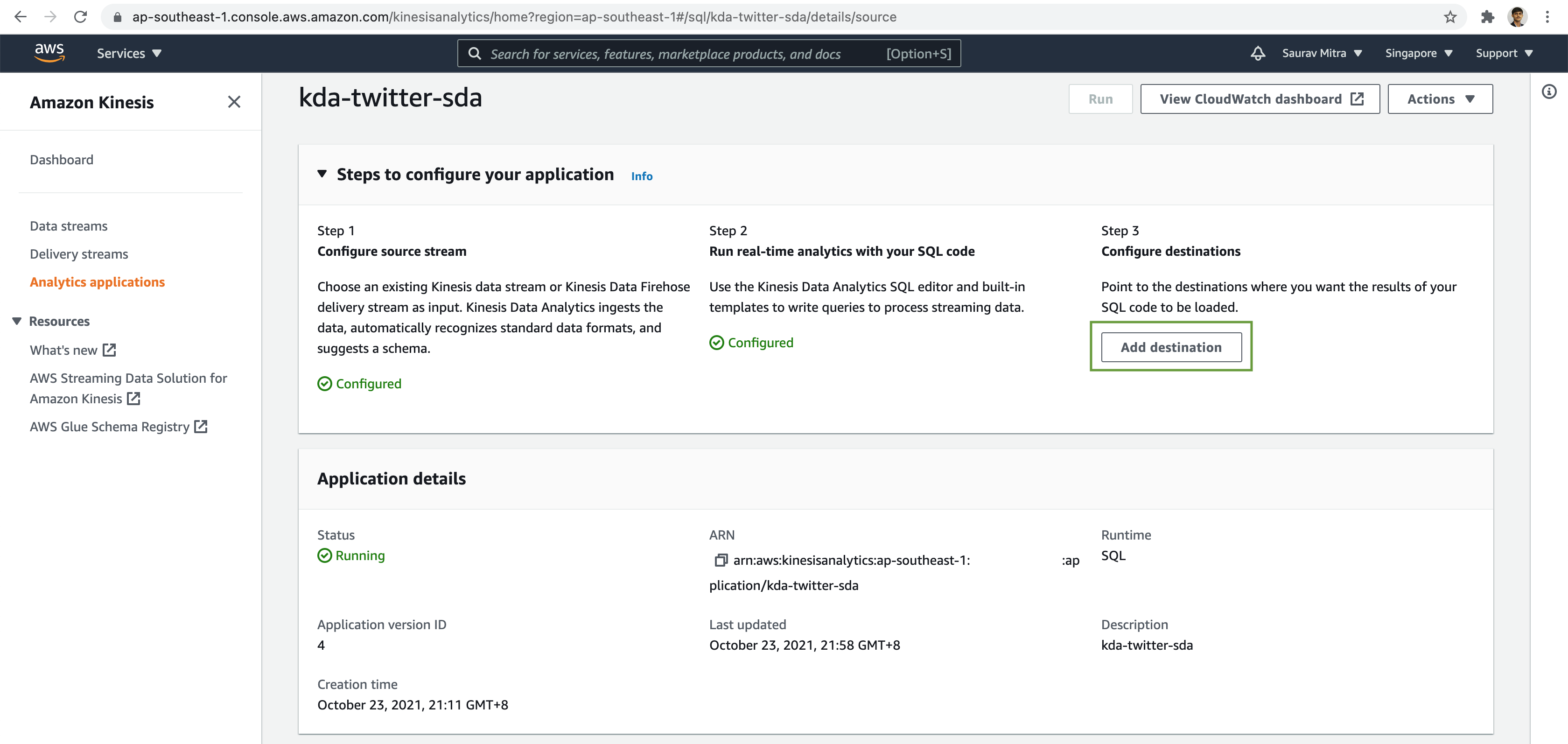 Kinesis Data Analytics Destination