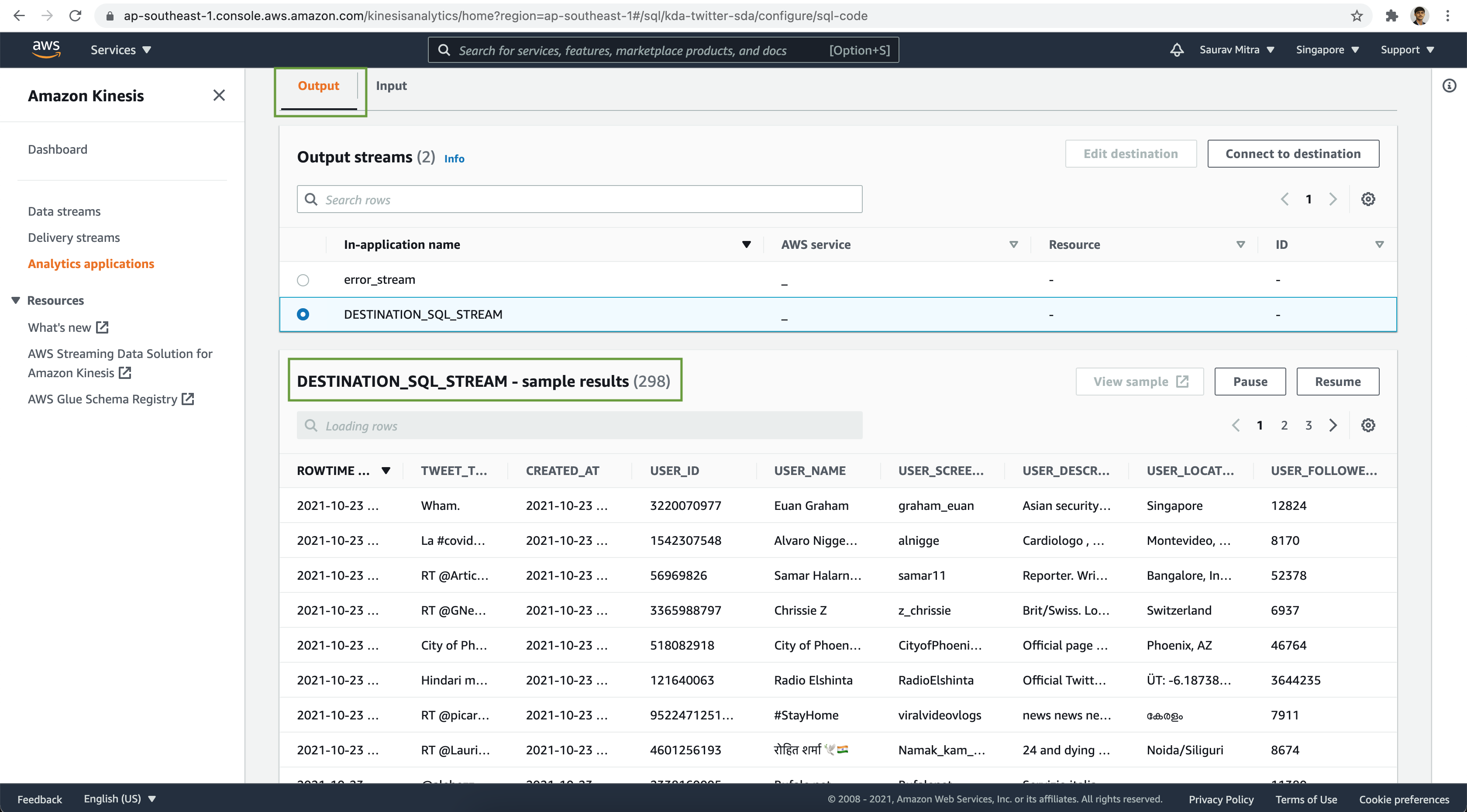 Kinesis Data Analytics SQL Output