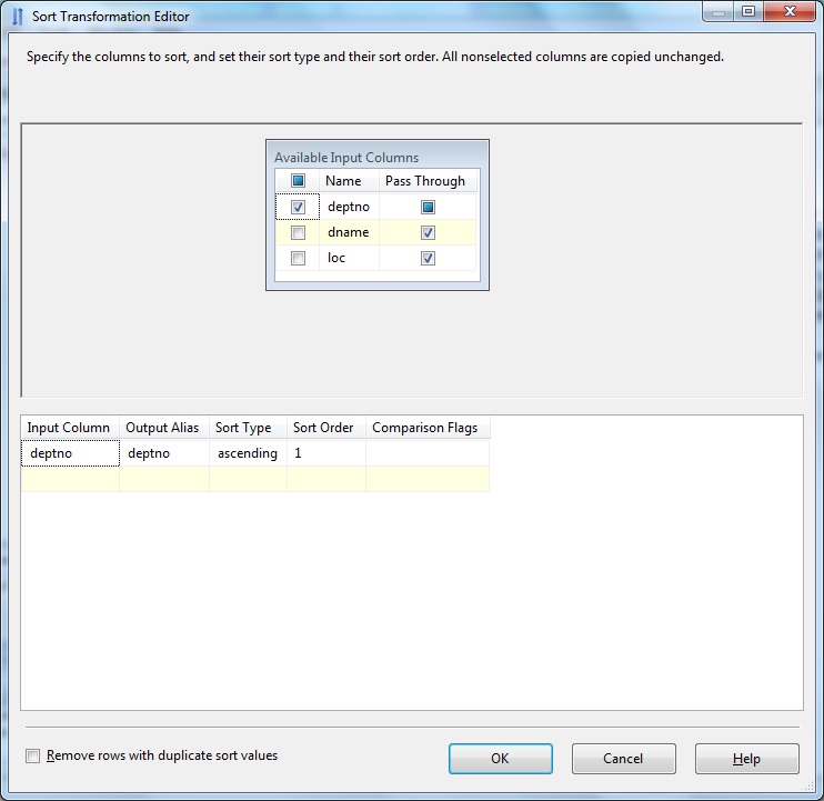 Sort Transformation Editor- DEPT.DEPTNO