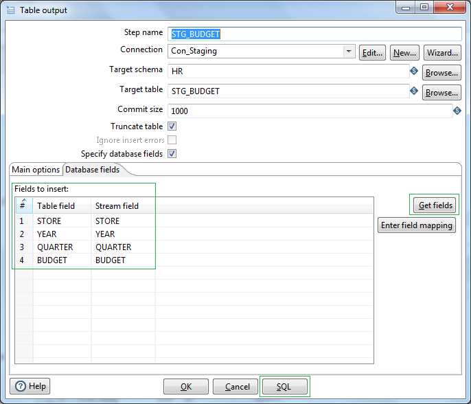 Table output - Database fields