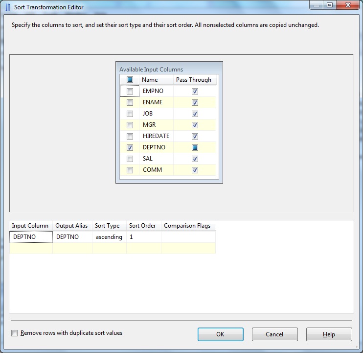 Sort Transformation Editor- EMP.DEPTNO