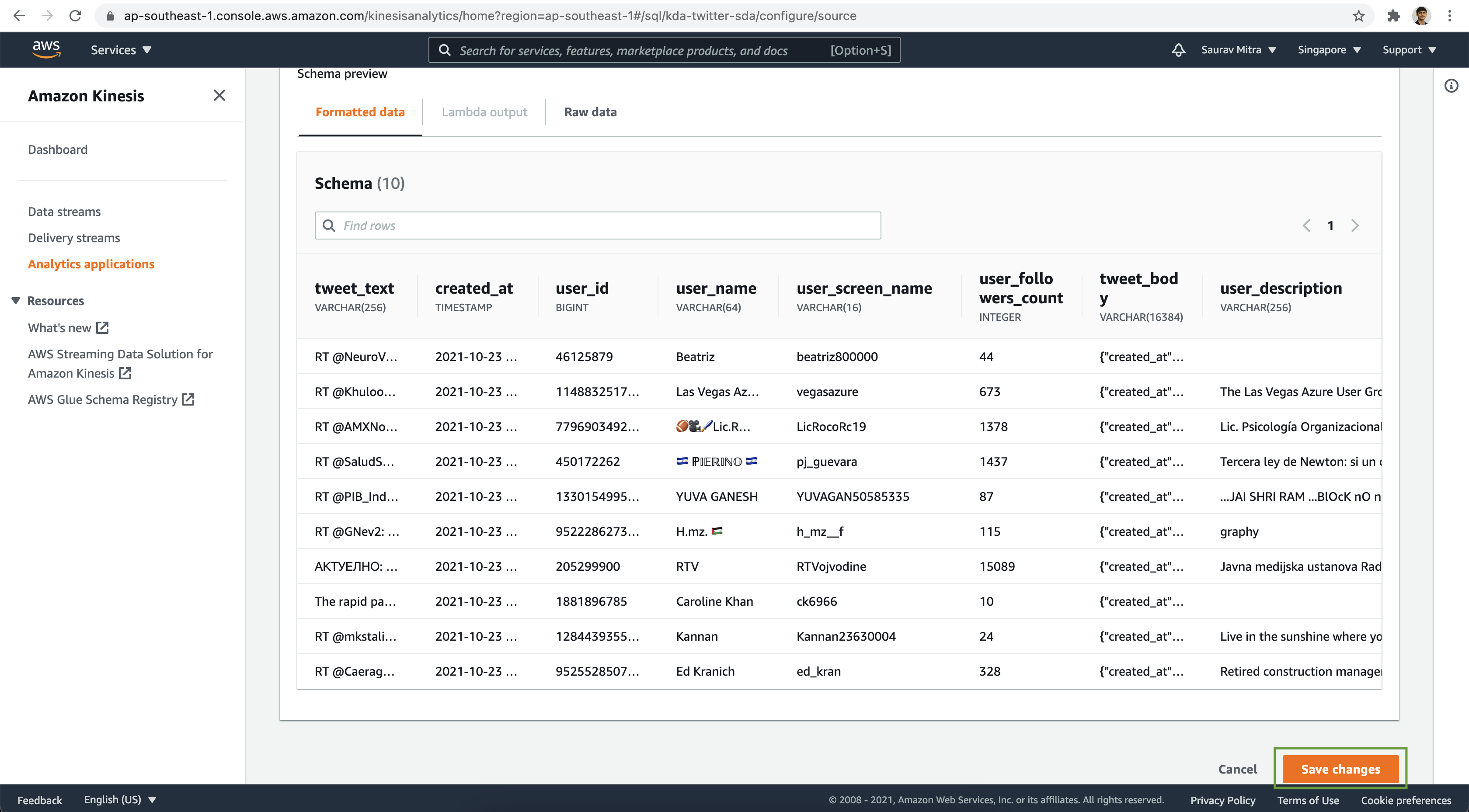 Kinesis Data Analytics Source Schema Preview