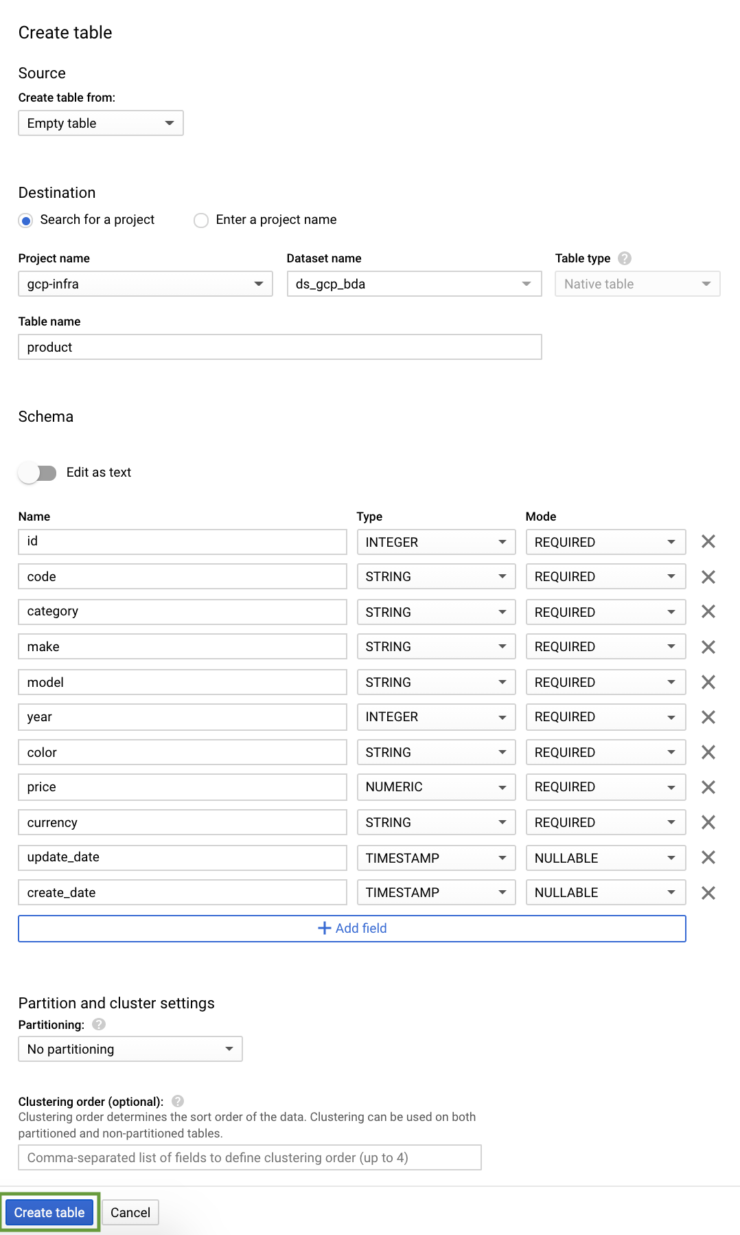 BigQuery - Product Table