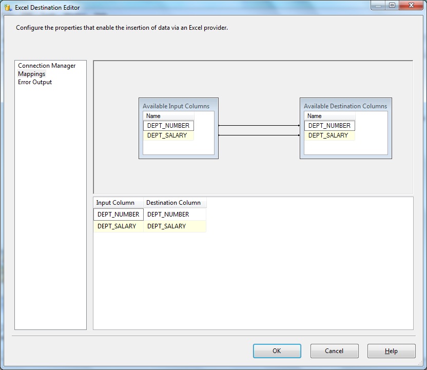 Excel Destination Editor- Mappings