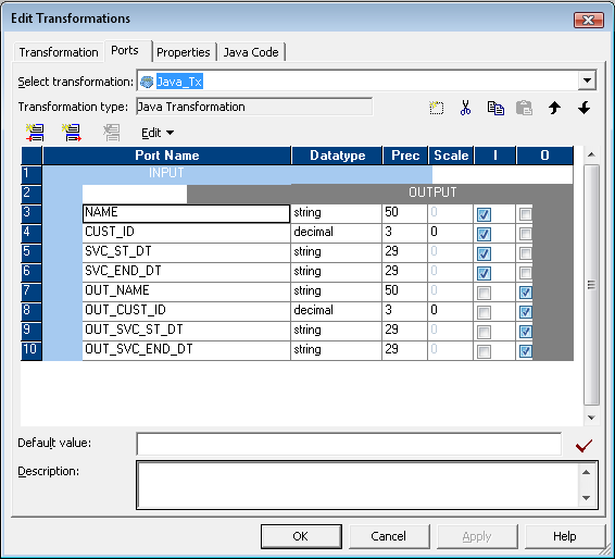 Java Transform Ports Tab