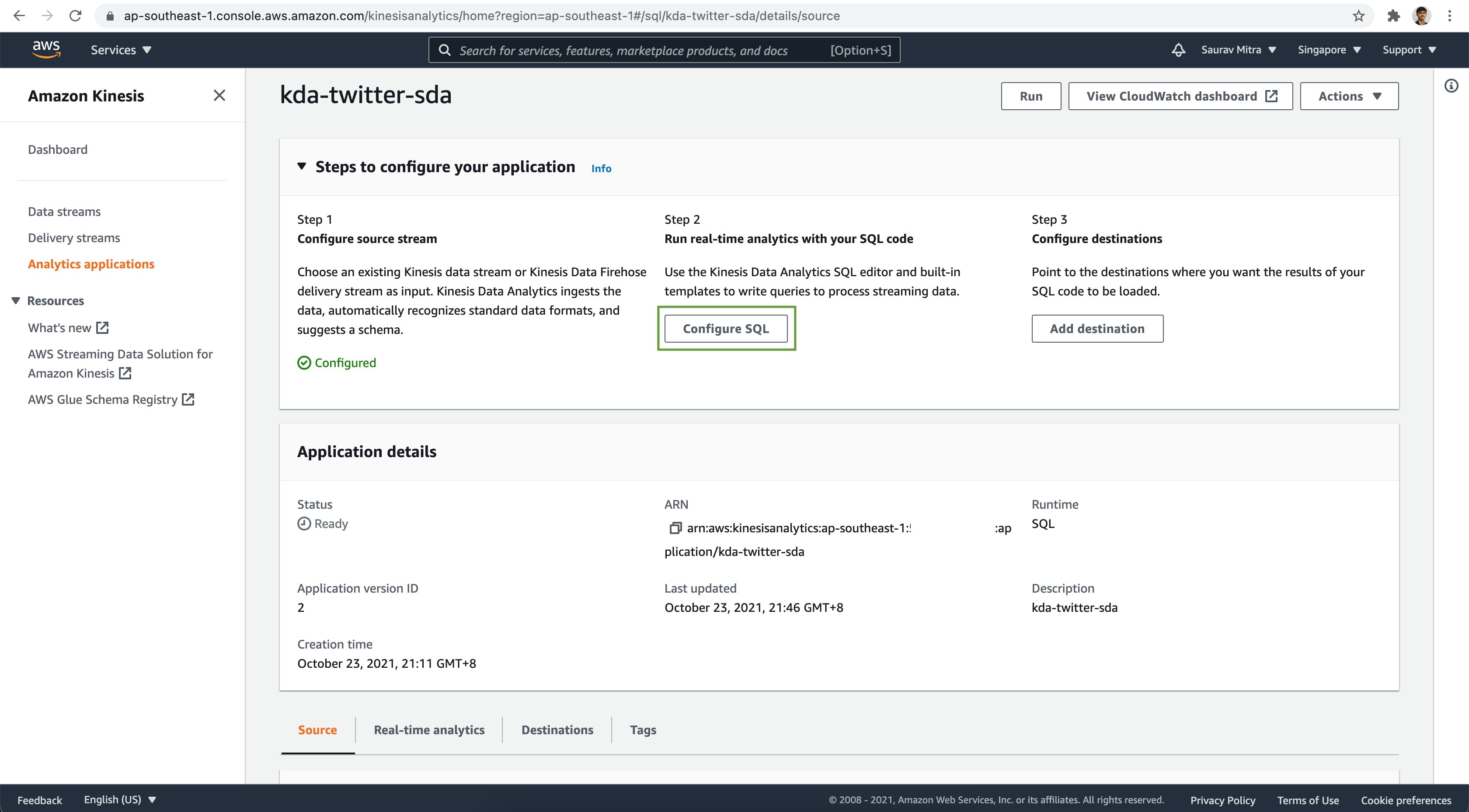 Kinesis Data Analytics Configure SQL