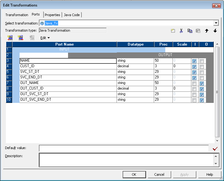 Java Transform Ports Tab