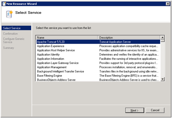 Select Service Resource Wizard