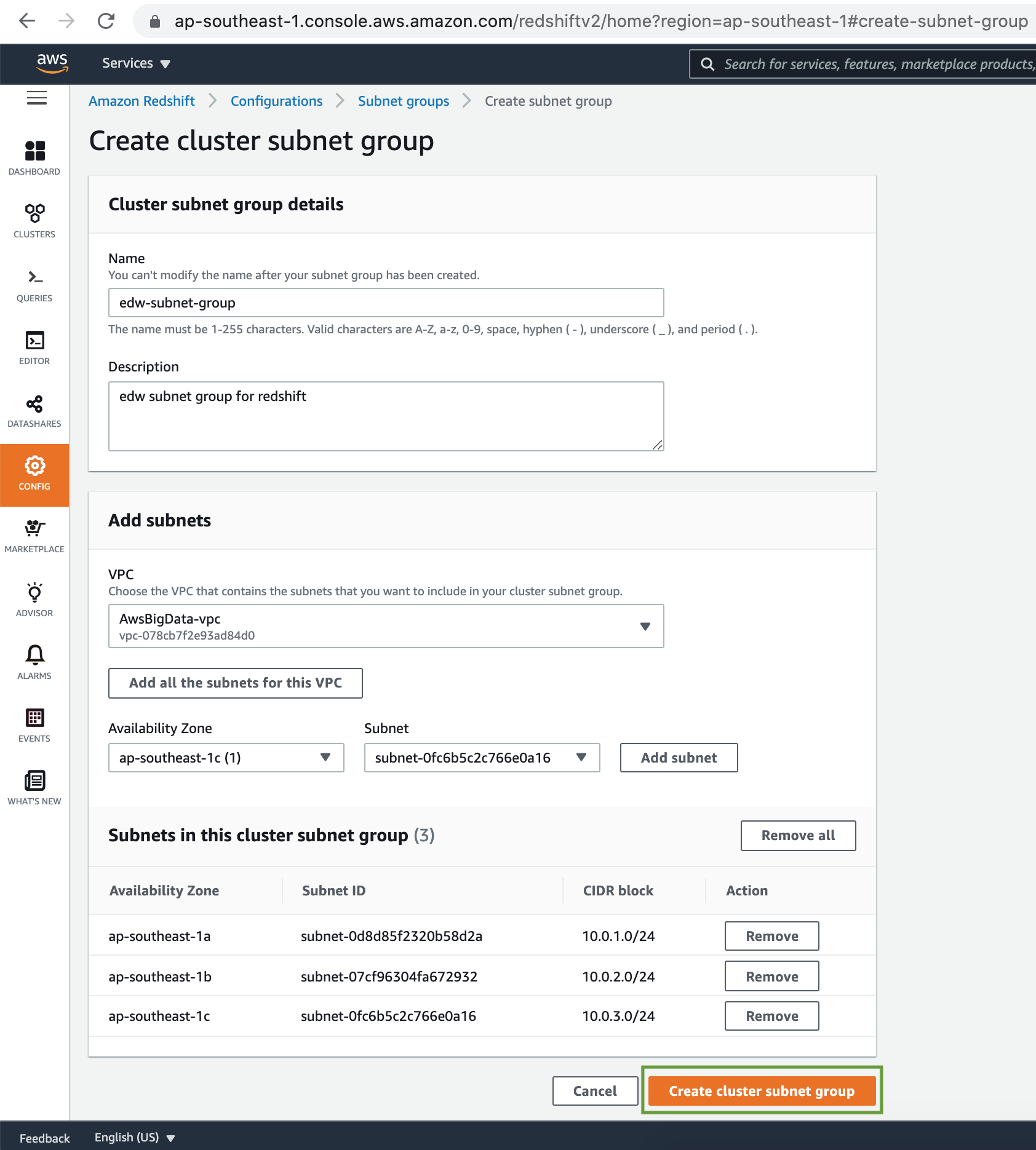 Create Cluster Subnet Group