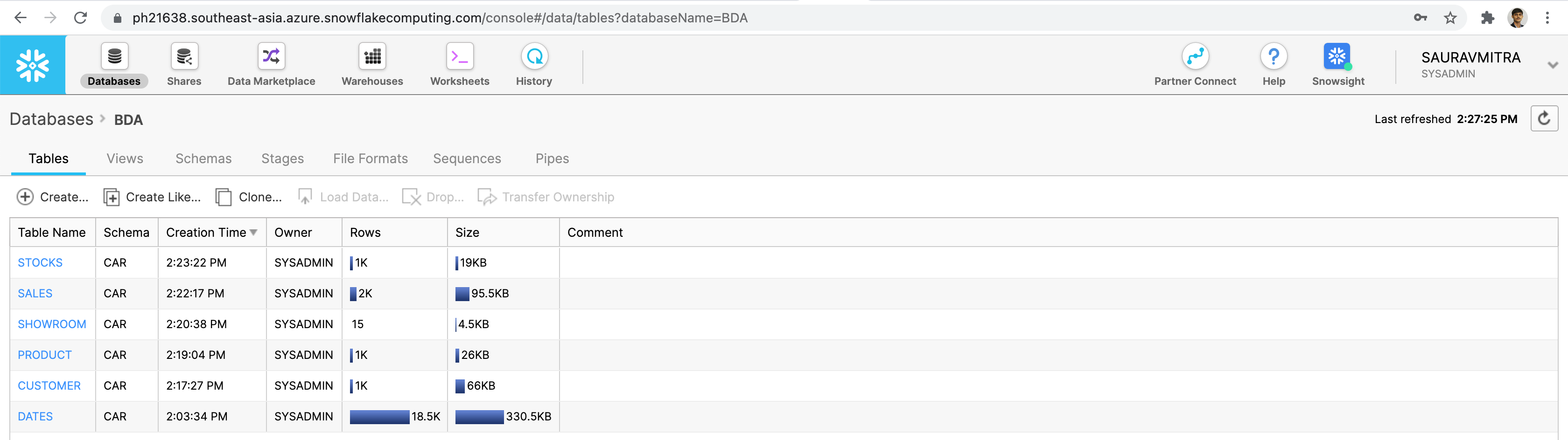 Snowflake Database Tables