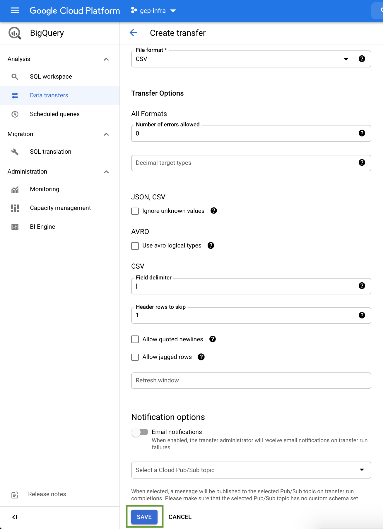 BigQuery - Customer Data Transfer Config