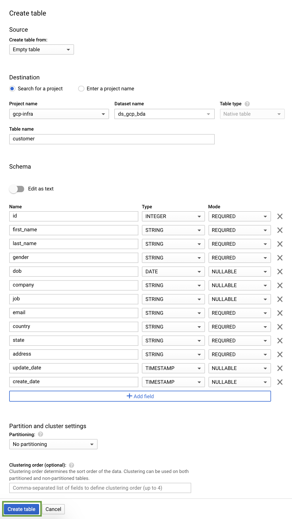 BigQuery - Customer Table