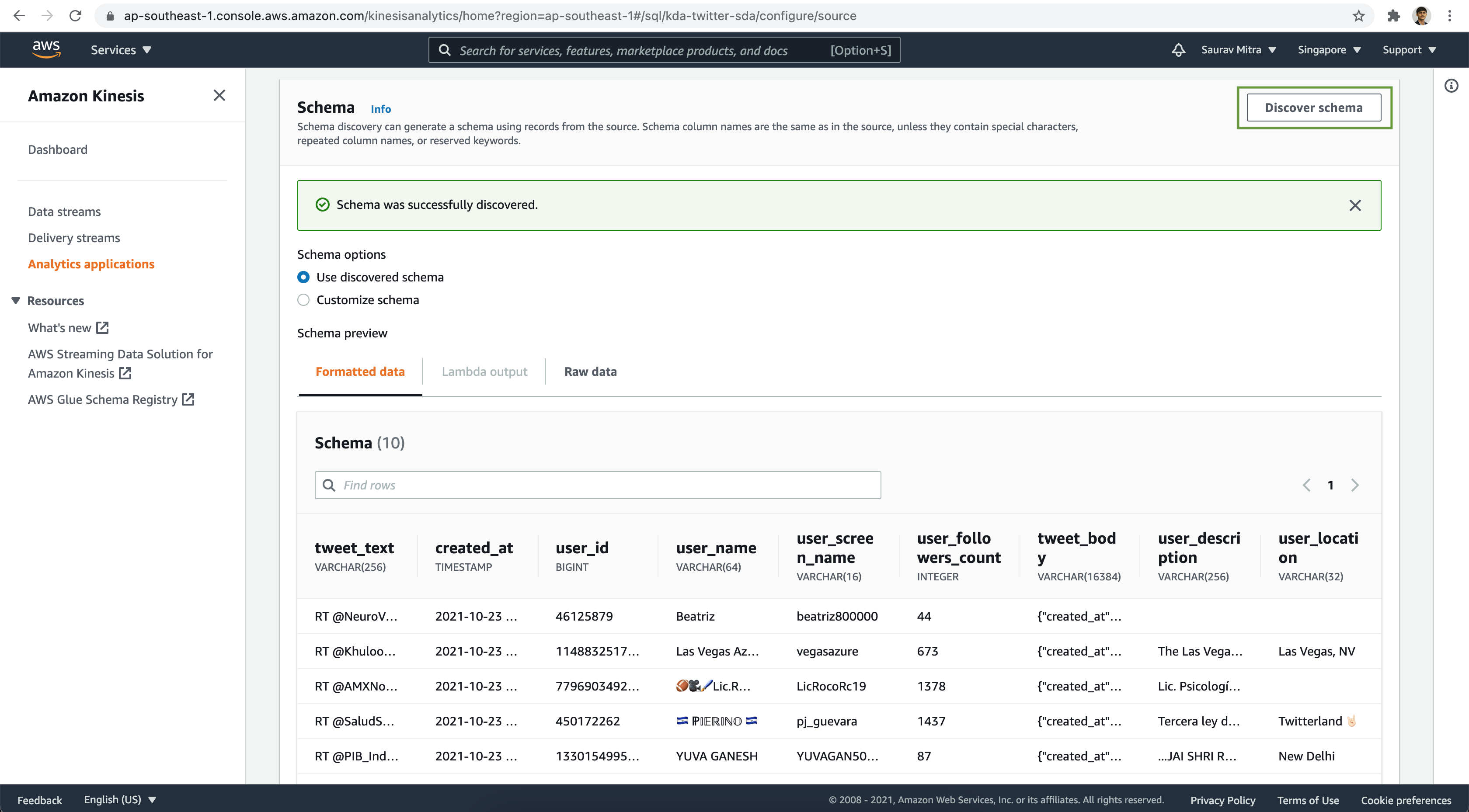 Kinesis Data Analytics Source Schema