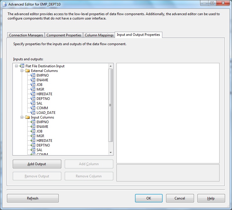 Flat File Destination Advanced Editor- Input & Output Properties