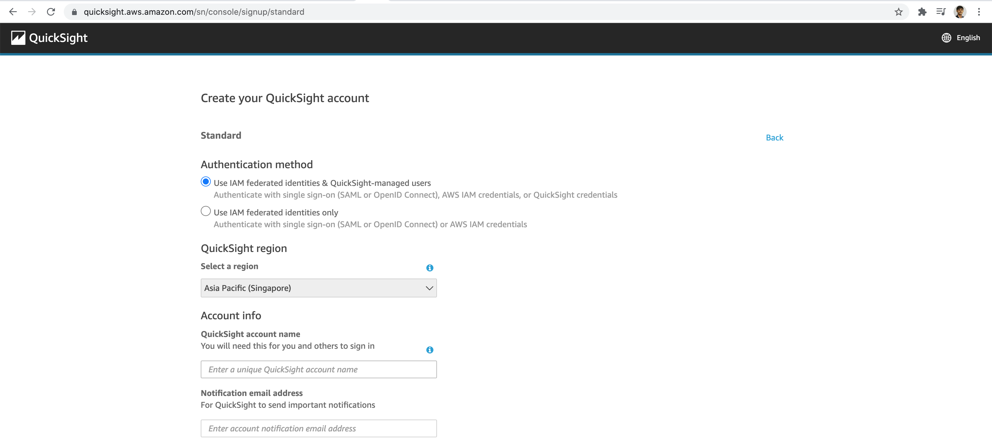 QuickSight Account Details