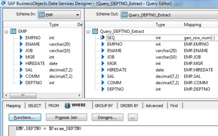 QUERY transform to filter DEPTNO