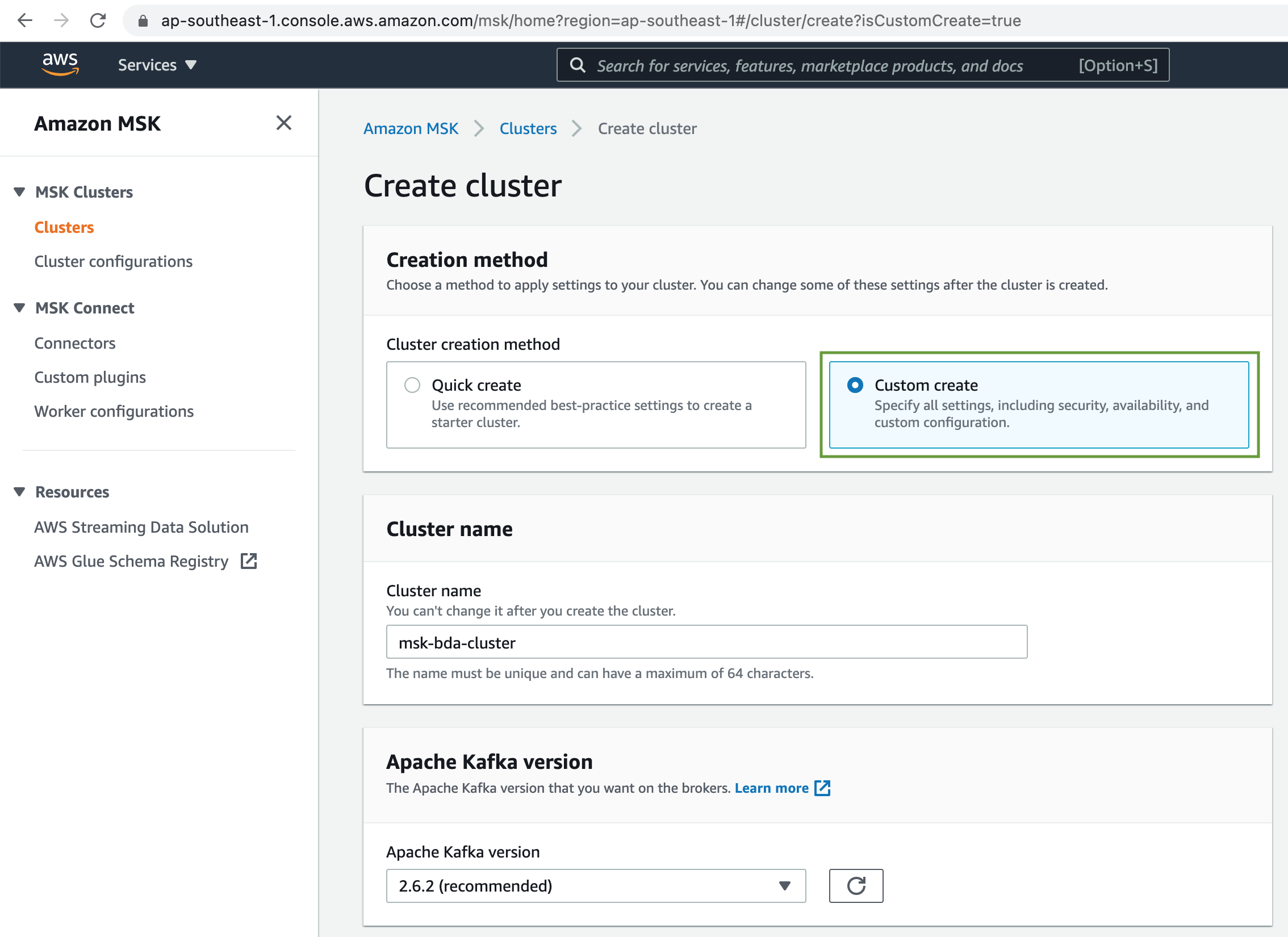 MSK Cluster Custom Create