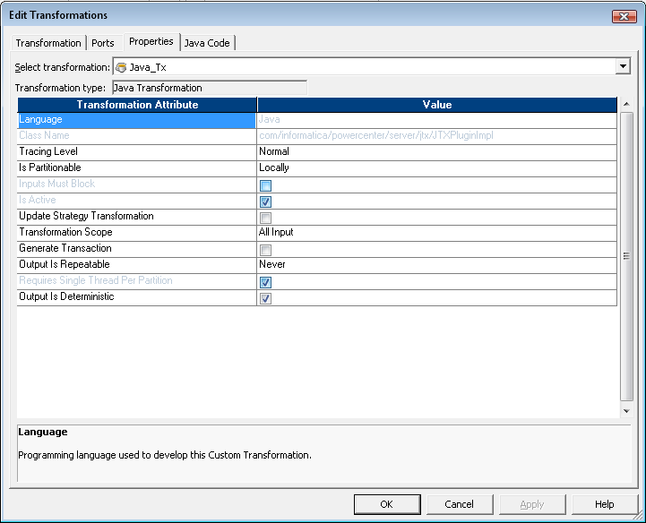 Java Transform Properties Tab