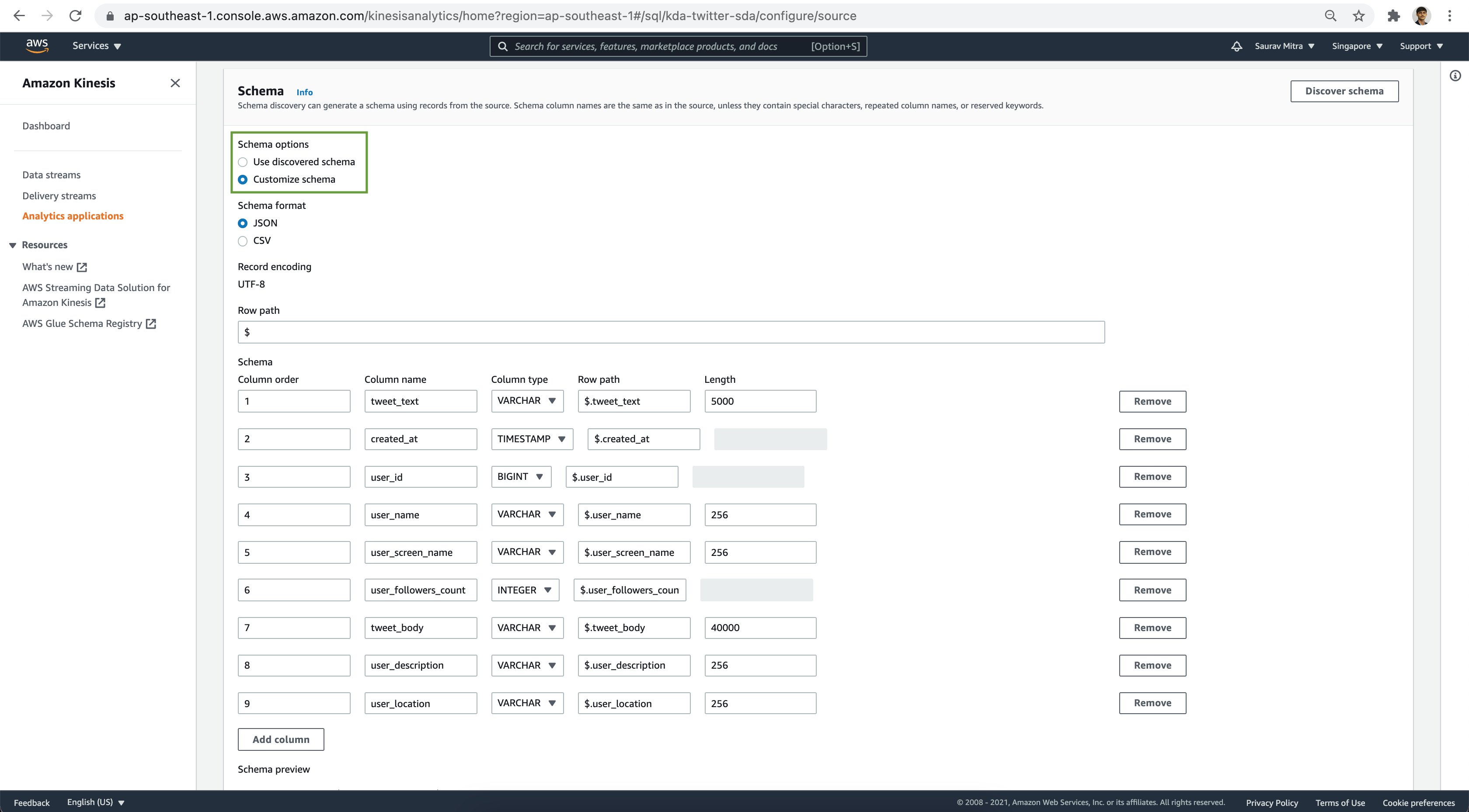 Kinesis Data Analytics Source Schema Definition