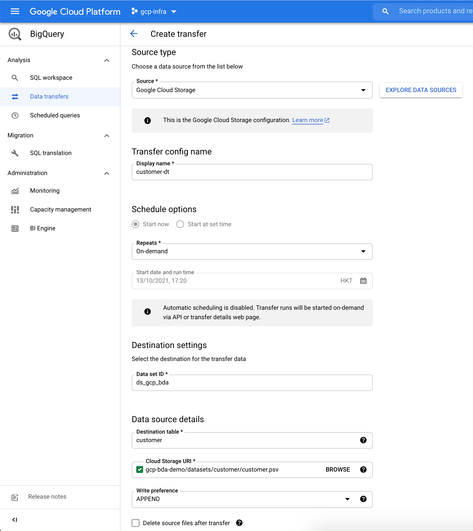 BigQuery - Customer Data Transfer Config