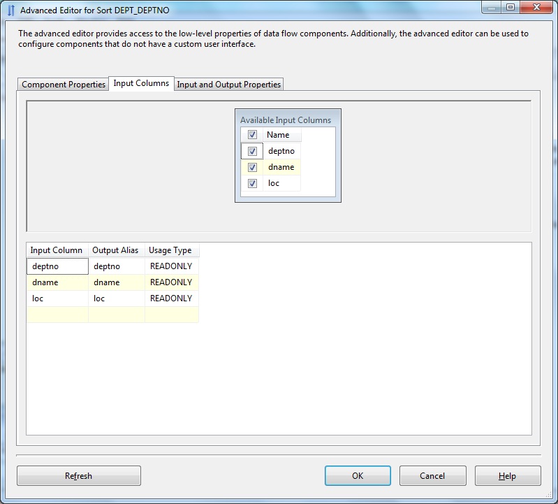 Sort Transform Advanced Editor- Input Columns